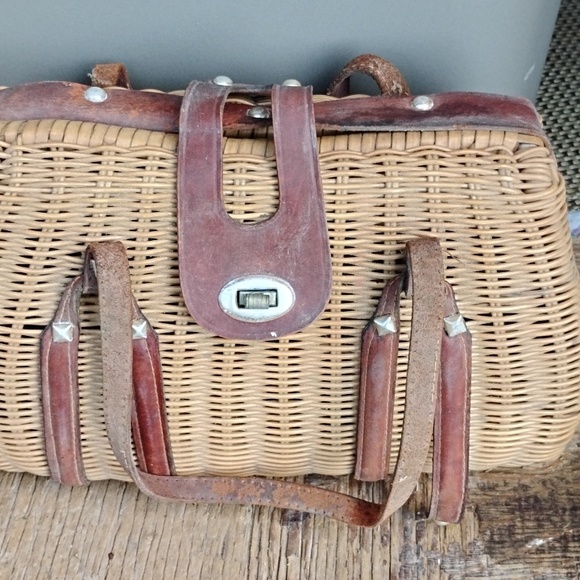 Woven Straw Handbags with Brown Leather Trim - Picture 2 of 8